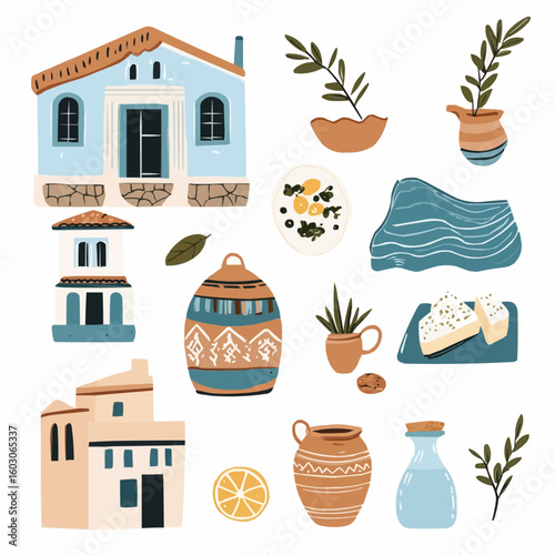 Greek clipart with simplified food and coastal elements in soft tones, ideal for printable wall decor and Mediterranean-themed poster sets