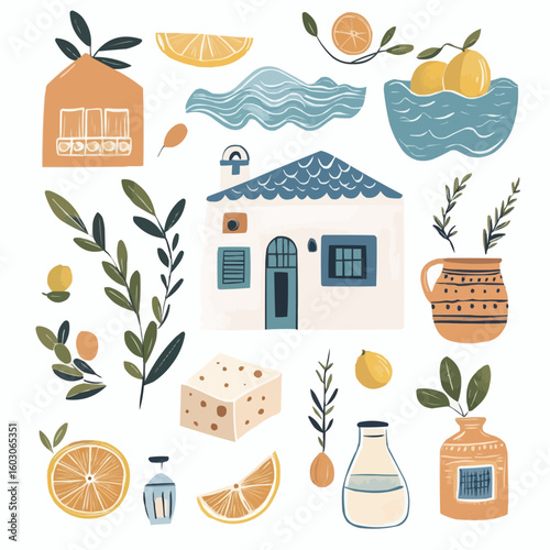Flat Greek clipart set combining simplified food items like feta and salad with coastal motifs like amphora, sea wave, and traditional house, ideal for printable decor and cultural visual collections