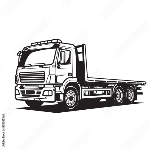 Vector illustration of a heavy duty flatbed truck depicted in a detailed black and white vintage art style perfect for transportation and logistics concepts.