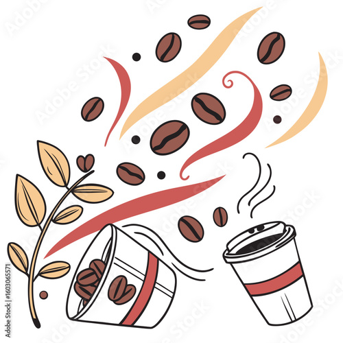 Coffee beans spilling from cups with decorative elements