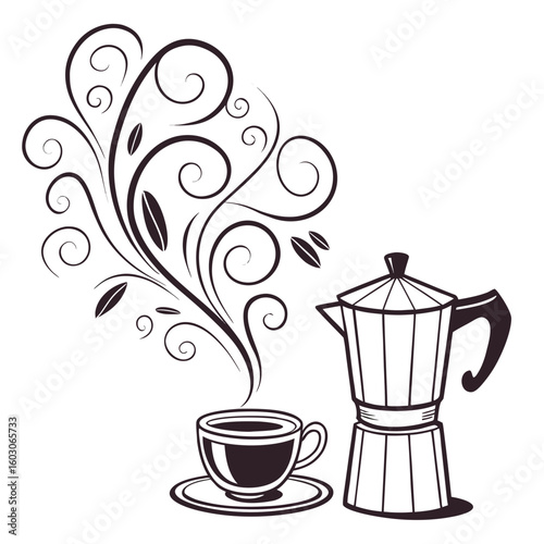 Coffee cup and moka pot with floral swirls espresso maker