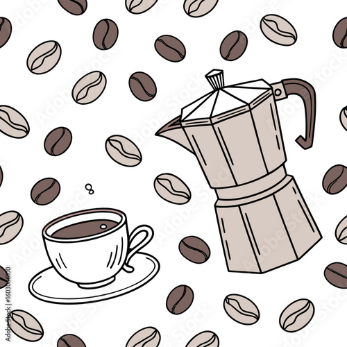 Coffee beans moka pot and cup pattern coffee cup beverage