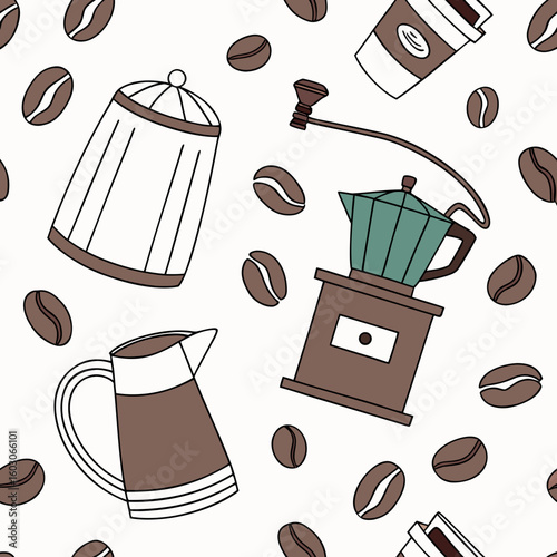 Coffee cups beans grinder moka pot vector