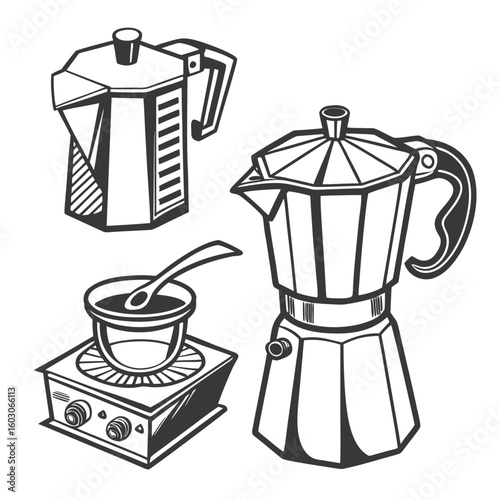 Moka pots and stovetop coffee maker sketch brewing