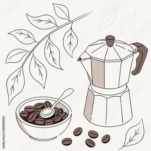 Coffee maker bowl of beans and leaves kettle moka pot