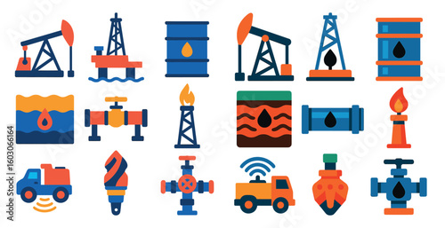 Collection of industrial icons, including a tanker, a truck, and a fire hydrant. The icons are all related to the oil and gas industry