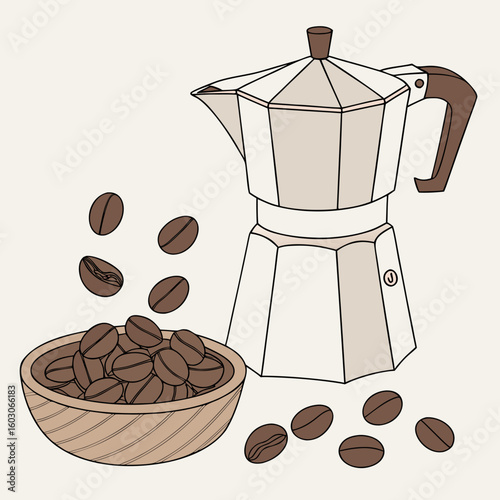 Moka pot coffee beans bowl brewing