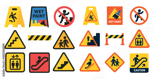 Collection of safety signs and warnings, including a wet paint sign, a no running sign, and a no wet paint sign