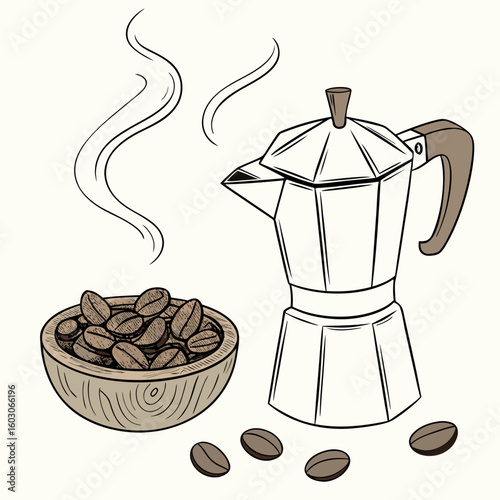 Moka pot with coffee beans and steam wooden bowl brewing