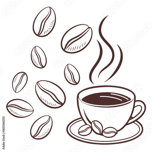 Coffee cup with scattered beans and steam saucer