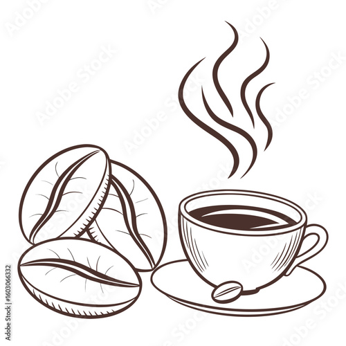 Coffee beans and steaming cup saucer