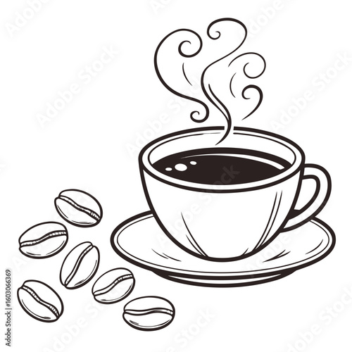 Steaming Coffee Cup and Beans saucer