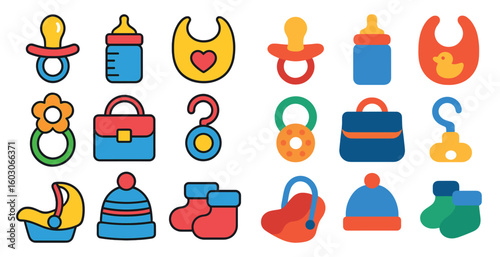 Collection of baby items, including a bottle, a pacifier, a stroller, and a diaper bag. The items are arranged in a grid, with some overlapping and others standing alone