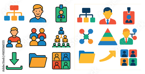 Group of people are shown in a variety of colors and shapes. The image is a collection of icons that represent different aspects of a social network or collaboration platform