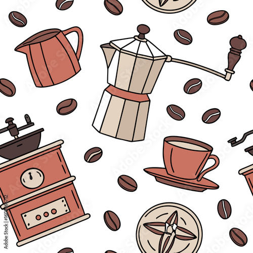 Coffee grinder moka pot cup and beans saucer