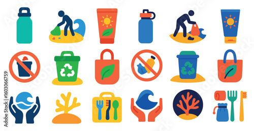 Collection of icons that represent various environmental issues and actions. The icons include a person picking up trash, a person holding a green bag, a person holding a fork