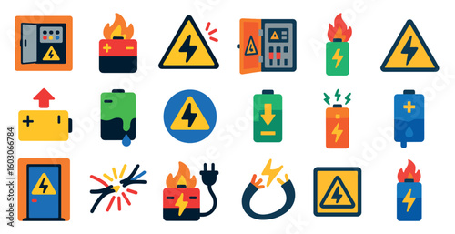 Collection of icons for electrical hazards and safety. The icons include a fire, a power outlet, a battery, a fire hydrant, and a door. Scene is cautionary and informative