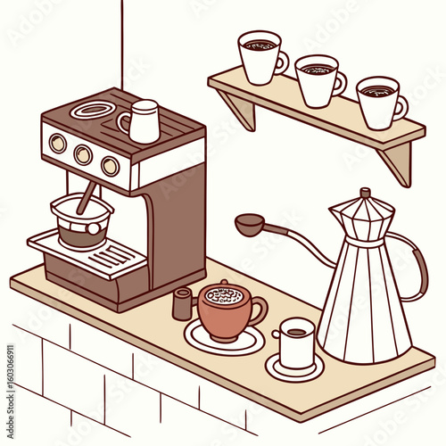 Coffee shop counter with espresso machine and moka pot