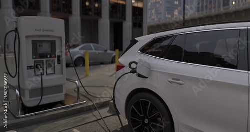 Electric vehicles parked at a charging station, surrounded by tall buildings and city infrastructure. Eco-friendly transport and urban sustainability solutions, reflecting clean energy advancements