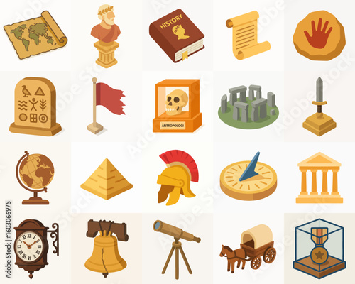 Detailed Outline Illustration History and Archaeology Artifacts Icon Set