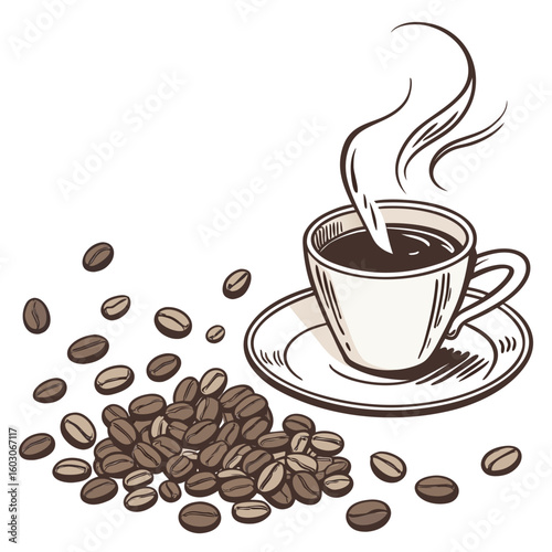 Steaming coffee cup with scattered beans saucer
