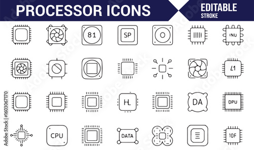 Icon Pack of Processors and Microchips for Technology, Computers, and Electronics