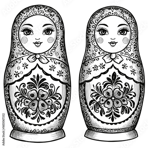 Engraving Illustration of Traditional Russian Matryoshka Dolls – Retro Vector for Folk Art Branding and Cultural Design