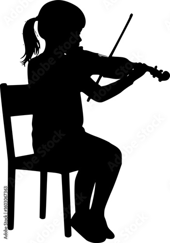 Little girl playing volin while sitting on chair silhouette.