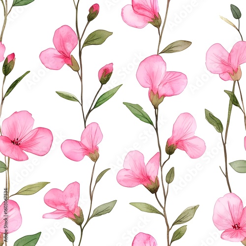 Delicate pink flowers and leaves in a repeating pattern.