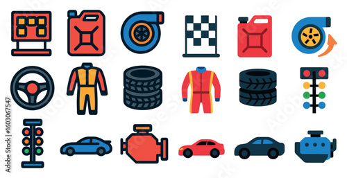 Collection of car and racing related icons. The icons include a car, a tire, a steering wheel, a race car, a race track, a car engine, a car with a tire, a car with a tire