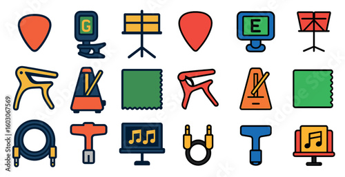 Collection of musical instruments and accessories. The instruments include a guitar, a keyboard, and a drum. The accessories include a tuner, a metronome, and a music stand