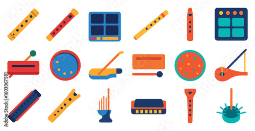Collection of musical instruments and accessories. The instruments include a flute, a tambourine, and a harmonica. The accessories include a toothbrush and a bowl. Scene is playful and whimsical