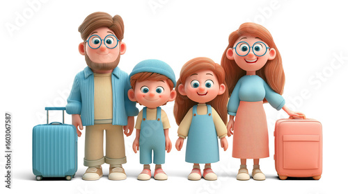 Happy 3D Cartoon Family with Suitcases Ready to Travel