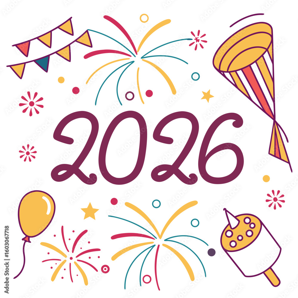 Fototapeta premium Festive new year celebration with fireworks and balloons