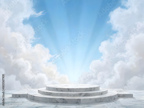 A three-tiered marble platform stands against a backdrop of fluffy white clouds and radiant blue sky with sun rays.
