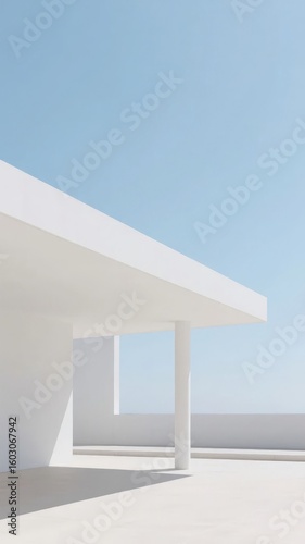 Modern minimalist architecture with white columns and a clear blue sky