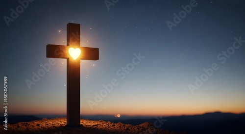 Illuminated cross with heart at center against a twilight sky with distant mountains and stars