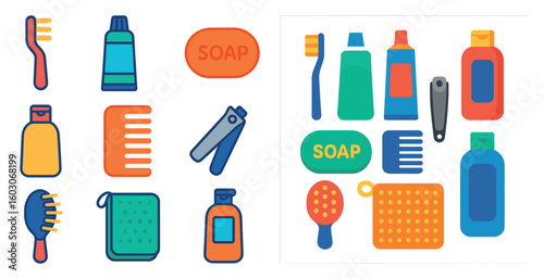 Set of bathroom items including a toothbrush, soap, and a comb. The image is a collection of various items that are commonly found in a bathroom