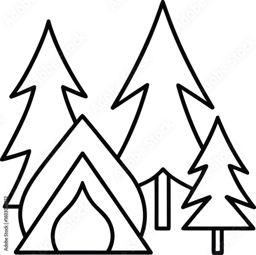 forest with tent and fire line art