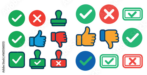 Collection of different colored check marks and thumbs up symbols. The check marks are red and green, while the thumbs up symbols are blue and yellow