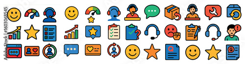 Collection of icons with a smiling face on the left and a frowning face on the right. The icons include a star, a heart, a check mark, a clipboard, a cup, a person with headphones
