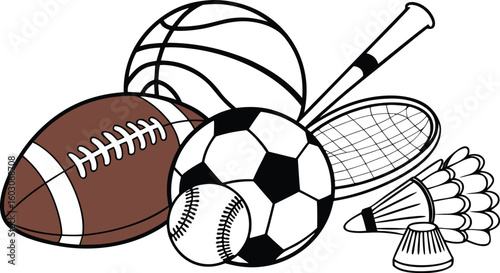 Sports Equipment. vector illustration of various sports balls and equipment arranged together on a white background.