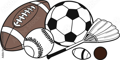 Sports Equipment. vector illustration of various sports balls and equipment arranged together on a white background.