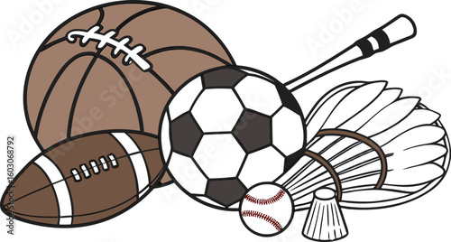 Sports Equipment. vector illustration of various sports balls and equipment arranged together on a white background.