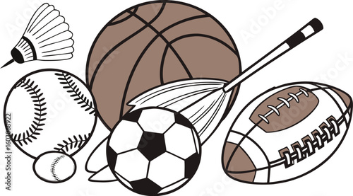 Sports Equipment. vector illustration of various sports balls and equipment arranged together on a white background.