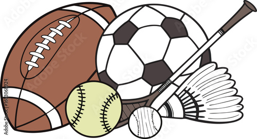Sports Equipment. vector illustration of various sports balls and equipment arranged together on a white background.