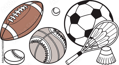 Sports Equipment. vector illustration of various sports balls and equipment arranged together on a white background.