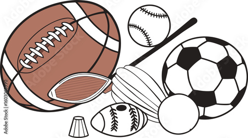 Sports Equipment. vector illustration of various sports balls and equipment arranged together on a white background.