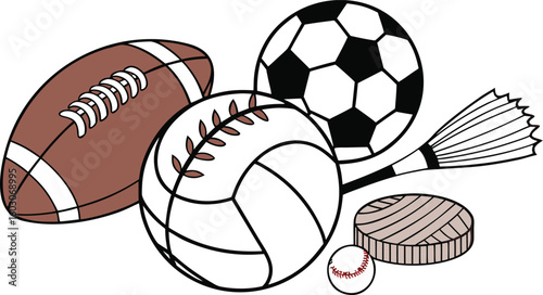 Sports Equipment. vector illustration of various sports balls and equipment arranged together on a white background.