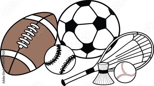 Sports Equipment. vector illustration of various sports balls and equipment arranged together on a white background.